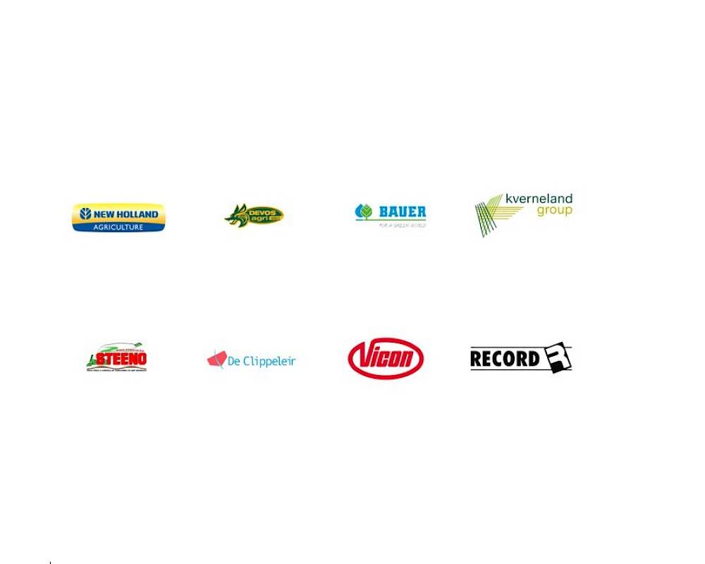 aperçu logos marques: New Holland Agriculture, Devos Agri, Bauer, Kverneland group, Steeno, De Clippeleir, Vicon, Record